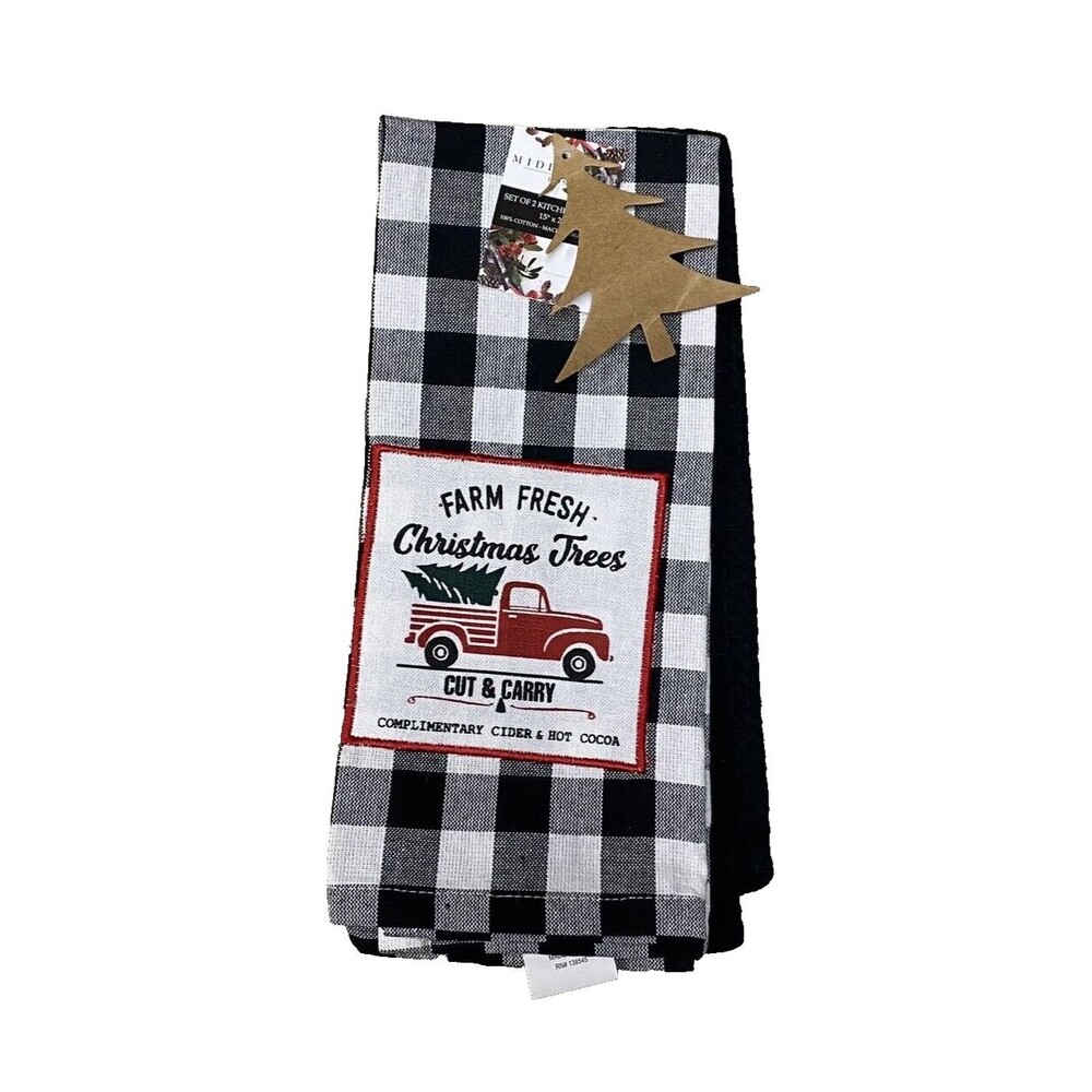 Middleton Home Farmhouse Plaid Black White Christmas Tree Kitchen Towels Set/ 2